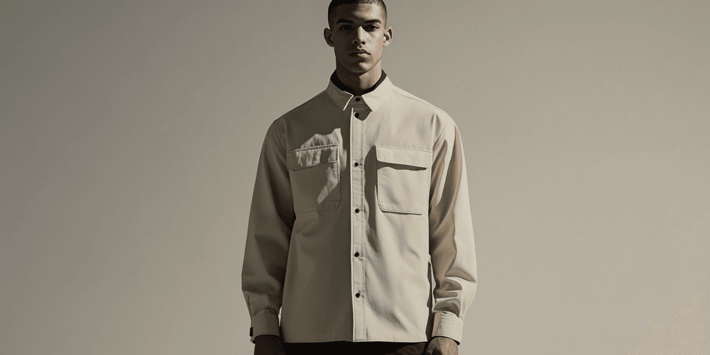 A male model wearing a light beige twill fabric shirt, standing against a neutral background with his hands in his pockets.